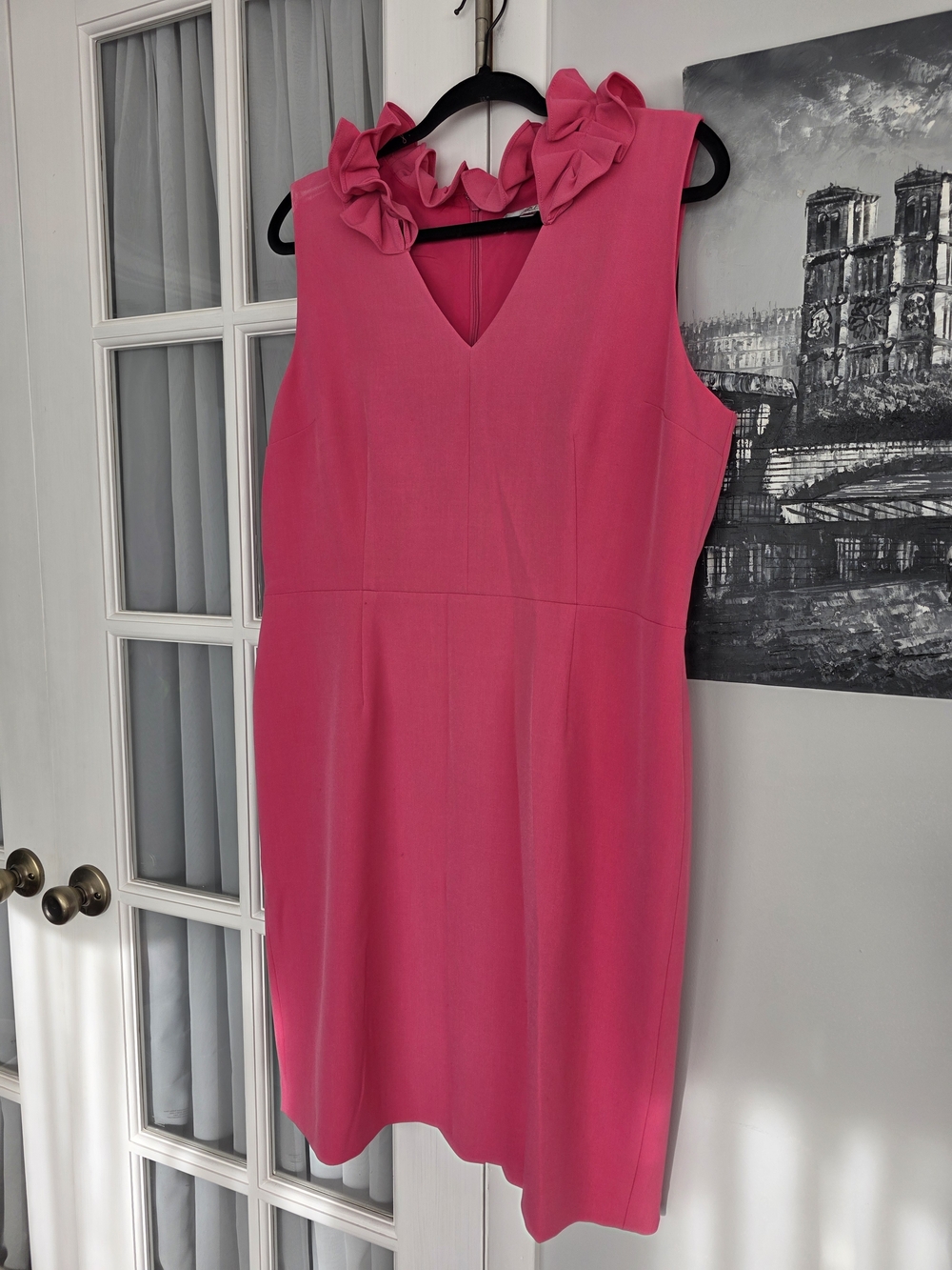 Kasper Hot Pink V-Neck Sleeveless Sheath with Ruffle Collar